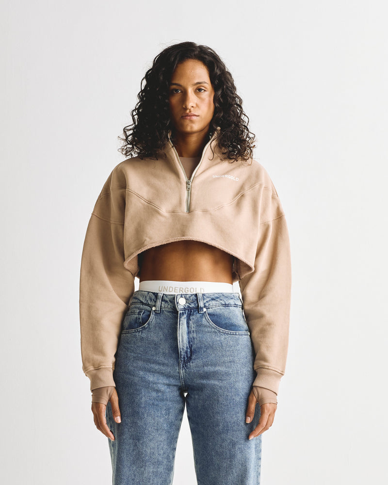 Basics Cropped Zip Up Crewneck Brown