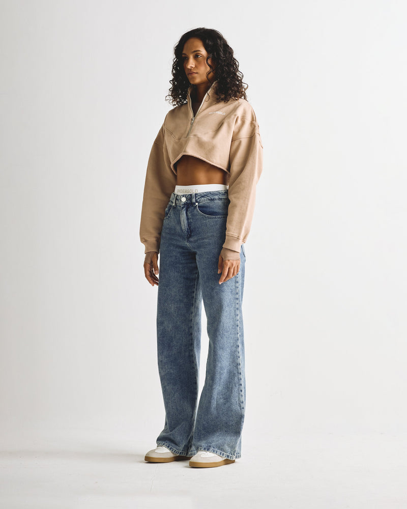 Basics Cropped Zip Up Crewneck Brown