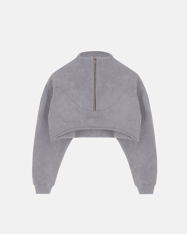 Line Logo Cropped Zip up Crewneck Washed Gray