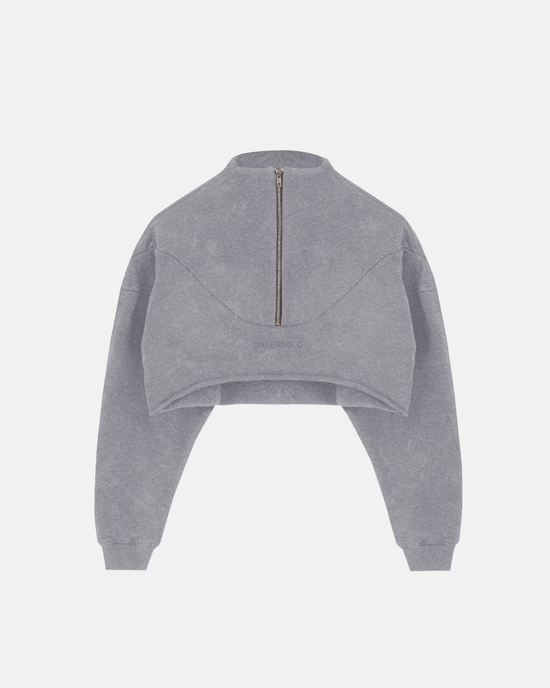 Line Logo Cropped Zip up Crewneck Washed Gray