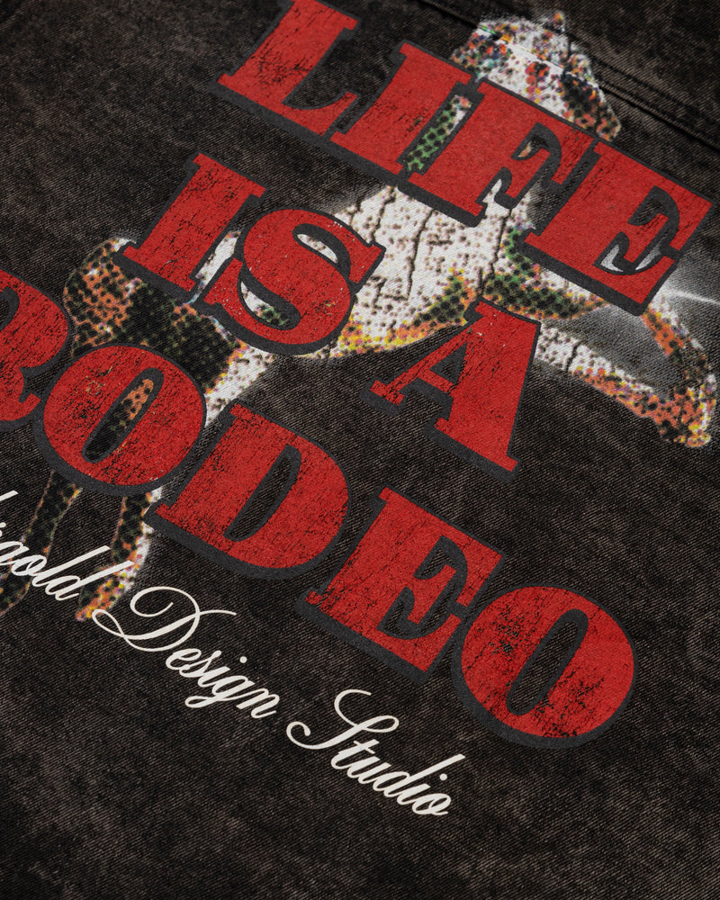 Rodeo "Life is a Rodeo" Sherpa Trucker Jacket Washed Black