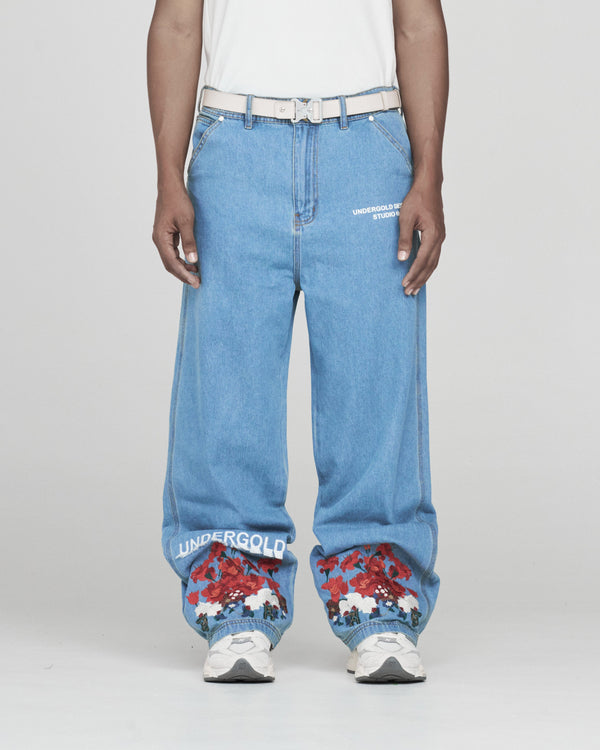 Walking Into Heaven Embroidered Flowers Jeans Light Blue